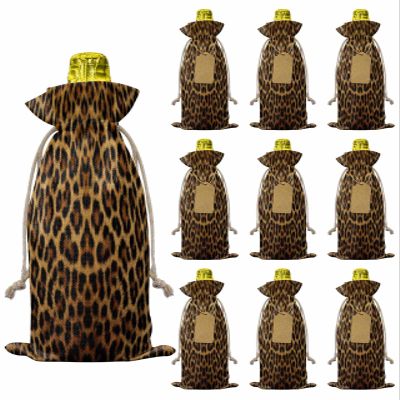 10pcs Linen Burlap Wine Bags with Drawstring Brown Leopard Print Wine Gift Bag with Tags Reusable Wines Bottle Cover Gift Bags for Christmas Wines Tasting Party Classic Abstract Animal Patterned