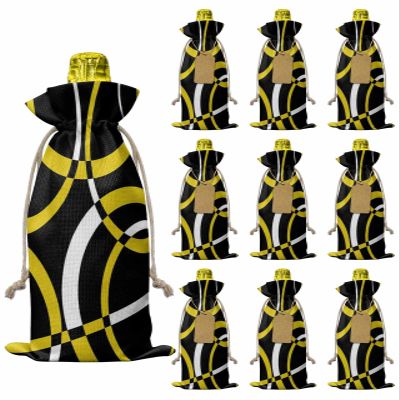 10pcs Linen Burlap Wine Bags with Drawstring Yellow Geometric Wine Gift Bag with Tags Reusable Wines Bottle Cover Gift Bags for Christmas Wines Tasting Party Modern Abstract Simple Lines Black