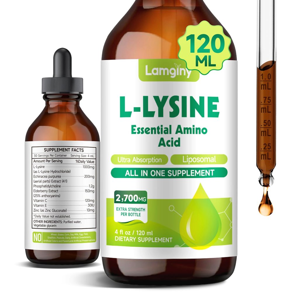 LAMGINY L-lysine 1000mg Supplement, Liposomal Lysine Liquid Drops for Adults, Essential Amino Acid - Immune Support, Skin & Lip Health, Collagen Synthesis, Vegan, Non-GMO & Gluten-Free, 4 fl oz