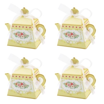 20 Pieces Tea Party Favor Boxes, Vintage Floral Teapot Parties Box Treat Gift Goodie Candy Flower Pacakge Boxes with Ribbon for Wedding Bridal Showers Garden Party Centerpiece Table Decorations (Yellow)