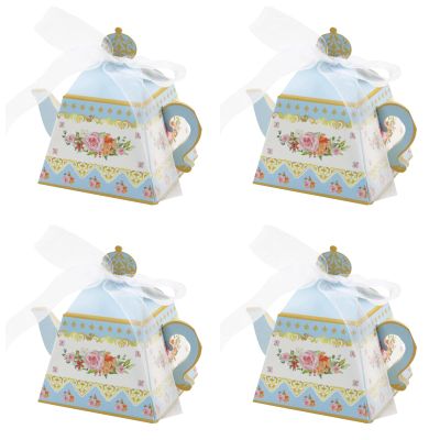 20 Pieces Tea Party Favor Boxes, Vintage Floral Teapot Parties Box Treat Gift Goodie Candy Flower Pacakge Boxes with Ribbon for Wedding Bridal Showers Garden Party Centerpiece Table Decorations (Blue)