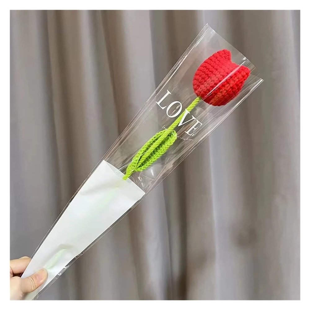 1PC Finished Knitted Flowers Tulip Carnation Sunflower Simulated Bouquet Mother's Day Valentine's Day Teacher's Day Gift(A-red)