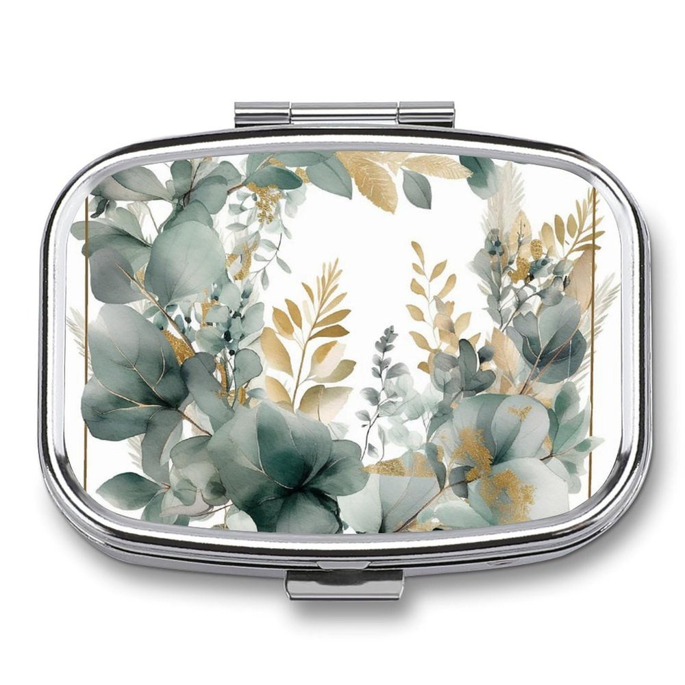 Gold and Green Leaves Pill Box for Pocket Purse, Small Pill Case with 2 Compartment, Portable Medicine Organizer for Travel, Multifunctional Vitamins Container for Daily