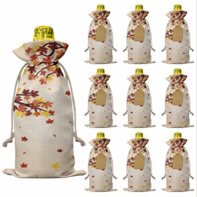 10pcs Linen Burlap Wine Bags with Drawstring Maple Leaf Fall Wine Gift Bag with Tags Reusable Wines Bottle Cover Gift Bags for Christmas Wines Tasting Party Supplies Thanksgiving Botanical Branches