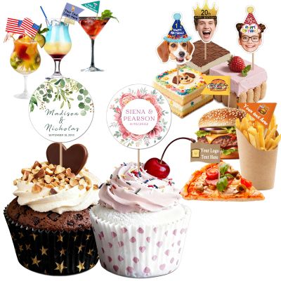 Custom Cupcake Toppers with Text Picture Logo,Personalized Toothpick Flags for Wedding Birthday Party Decorations,Customized Dessert Food Picks for Cake - Round