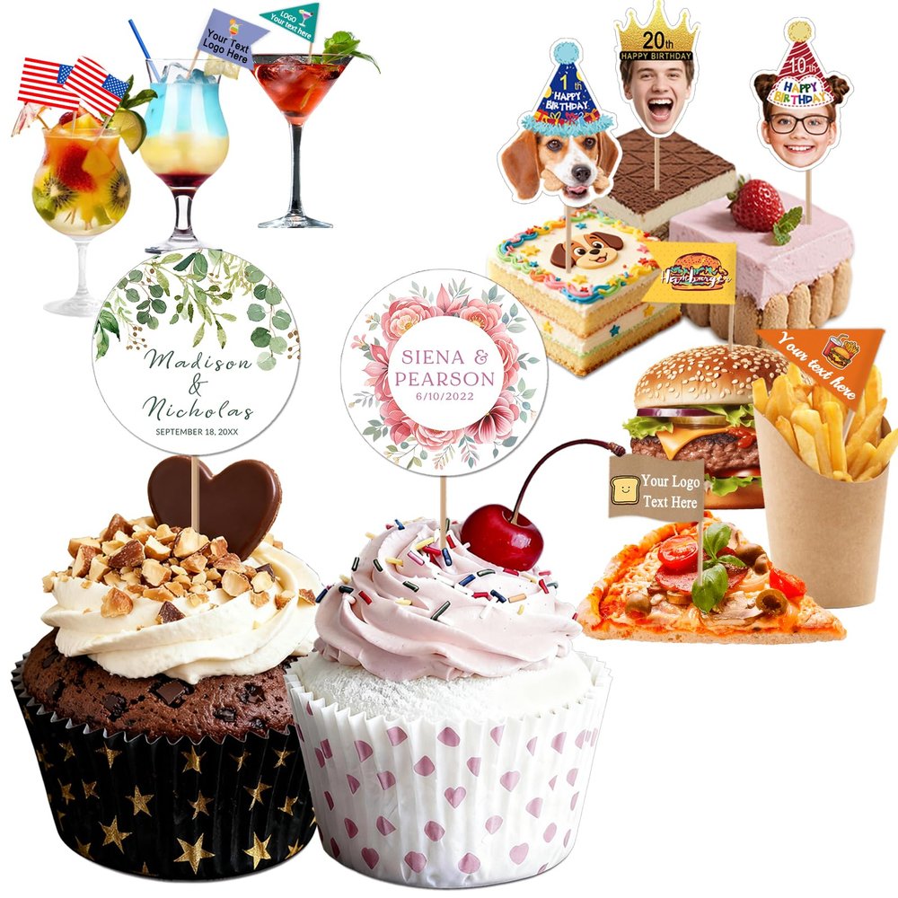 Custom Cupcake Toppers with Text Picture Logo,Personalized Toothpick Flags for Wedding Birthday Party Decorations,Customized Dessert Food Picks for Cake - Round