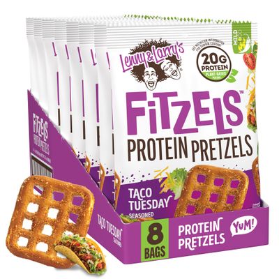 Lenny & Larry's Protein Pretzel [Taco Tuesday] FITZELS - Crunchy, Salty, Savory, Tasty Snack High in Protein - 20 g's of Plant Protein 8 Bags, 3 oz Each