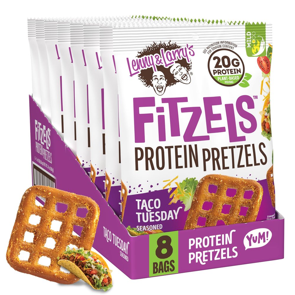Lenny & Larry's Protein Pretzel [Taco Tuesday] FITZELS - Crunchy, Salty, Savory, Tasty Snack High in Protein - 20 g's of Plant Protein 8 Bags, 3 oz Each