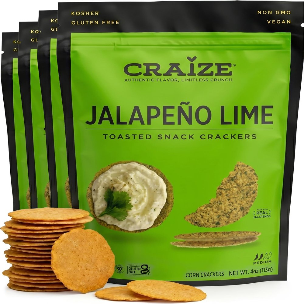 Craize Jalapeo Lime Crisps 4oz (4 Pack) | Toasted Corn Crackers with a Perfectly Mild Kick | Gluten Free, Vegan, Kosher