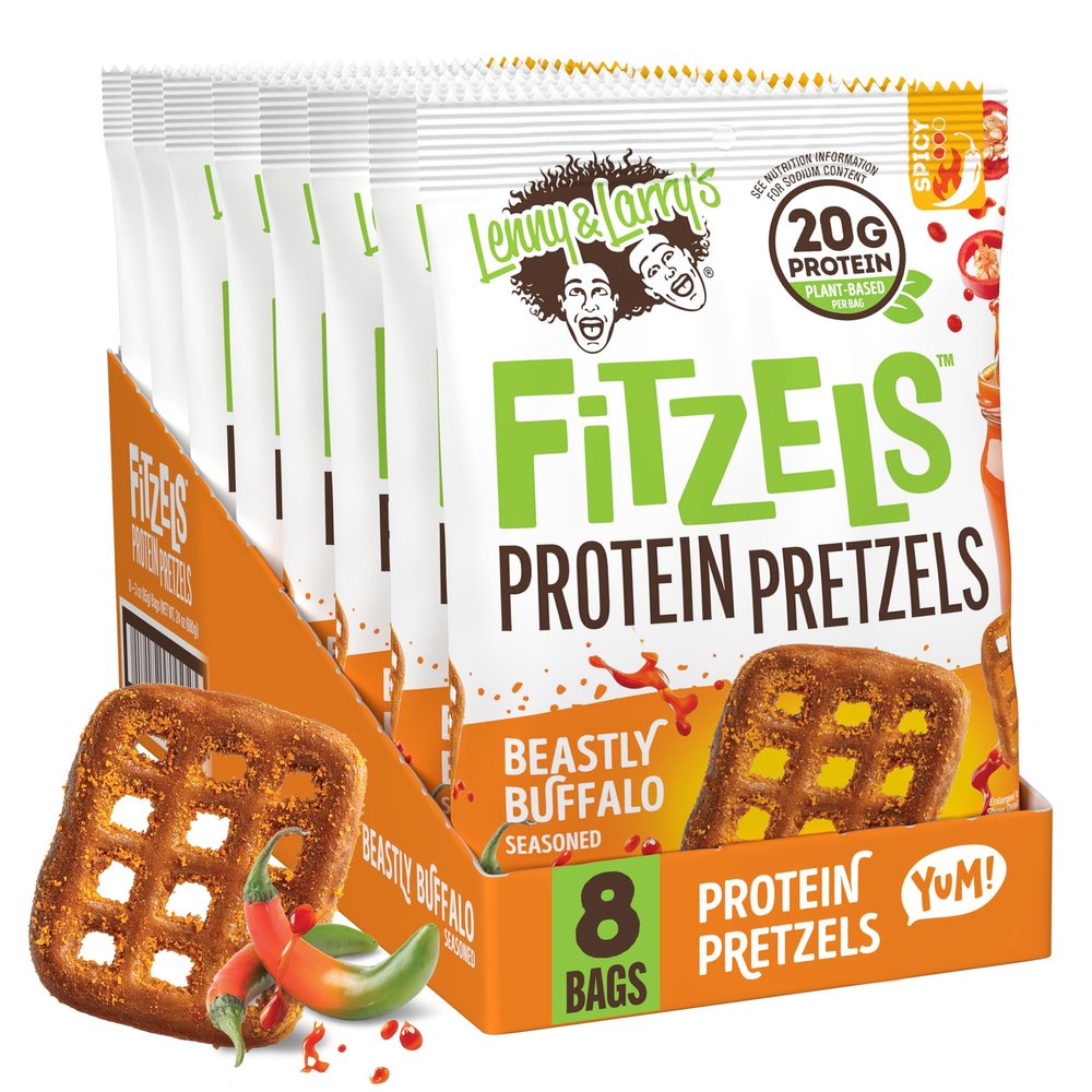 Lenny & Larry's FITZELS Protein Pretzels [Beastly Buffalo] 8 x 3oz Bags of High Protein Snacks with 20g Plant Based Protein Vegan Snack Incredibly Tasty with Salty Crunch
