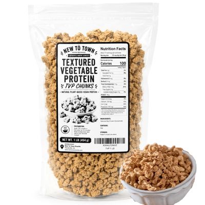 New To Town Textured Vegetable Protein (TVP) Unflavored 1LB Bag Natural Plant-Based Vegan Protein Chunks Non-GMO, Gluten-Free, Cholesterol-Free Meat Substitute