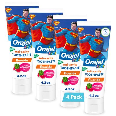 Orajel Kids Superman Anti-Cavity Toothpaste, Natural Watermelon Flavor, 4.2 Oz Tube, 4-Pack