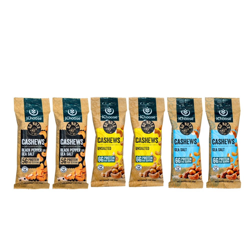IChoose Go Nuts Premium Cashews, High Protein Plant-Based Snack, 2 oz per Pack (6 Packs, Trio Mix)