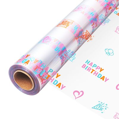 JOYIT 100' Long X 35 Wide Happy Birthday Cellophane Wrap Roll - 3 Mil Thick Clear Cellophane Roll, Birthday Cellophane Bags Large, Wrapping Paper for Flower Gift Baskets Wrap (35" fold into 17.5")