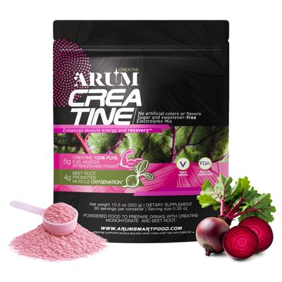 ARUM Creatine with Beetroot & Electrolytes Micronized Creatine Monohydrate Powder 5g + Beet Extract 4g Muscle Strength, Endurance, Hydration & Recovery Vegan, Sugar-Free, 30 Servings