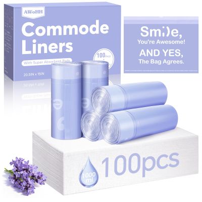 100 Pcs Bedside Commode Liners with Absorbent Pads, Tear-Free Leak-Proof Lavender Scented Commode Liners and Pads, Odor-Free Portable Toilet Liners & Potty Chair Bags for Disposable Adult, Bedpan