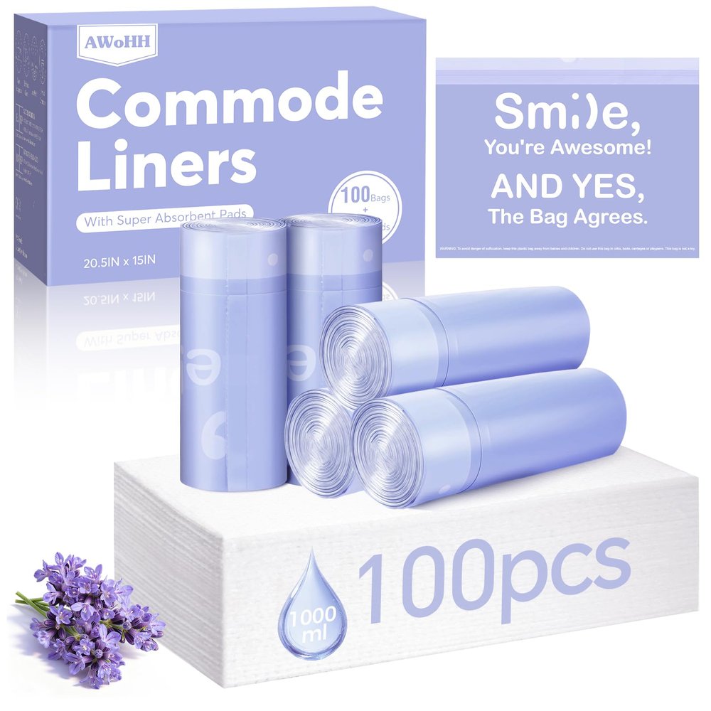 100 Pcs Bedside Commode Liners with Absorbent Pads, Tear-Free Leak-Proof Lavender Scented Commode Liners and Pads, Odor-Free Portable Toilet Liners & Potty Chair Bags for Disposable Adult, Bedpan