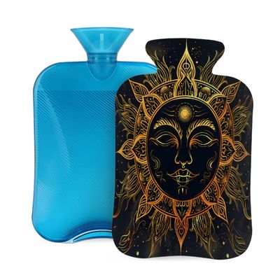 Golden Mandala Sun Face Hot Water Bottle with Cover, 2L PVC Hot Water Bag for Pain Relief, Hand Foot Warmer, Hot & Cold Therapy with Removable Cover, Gift for Women Kids Family