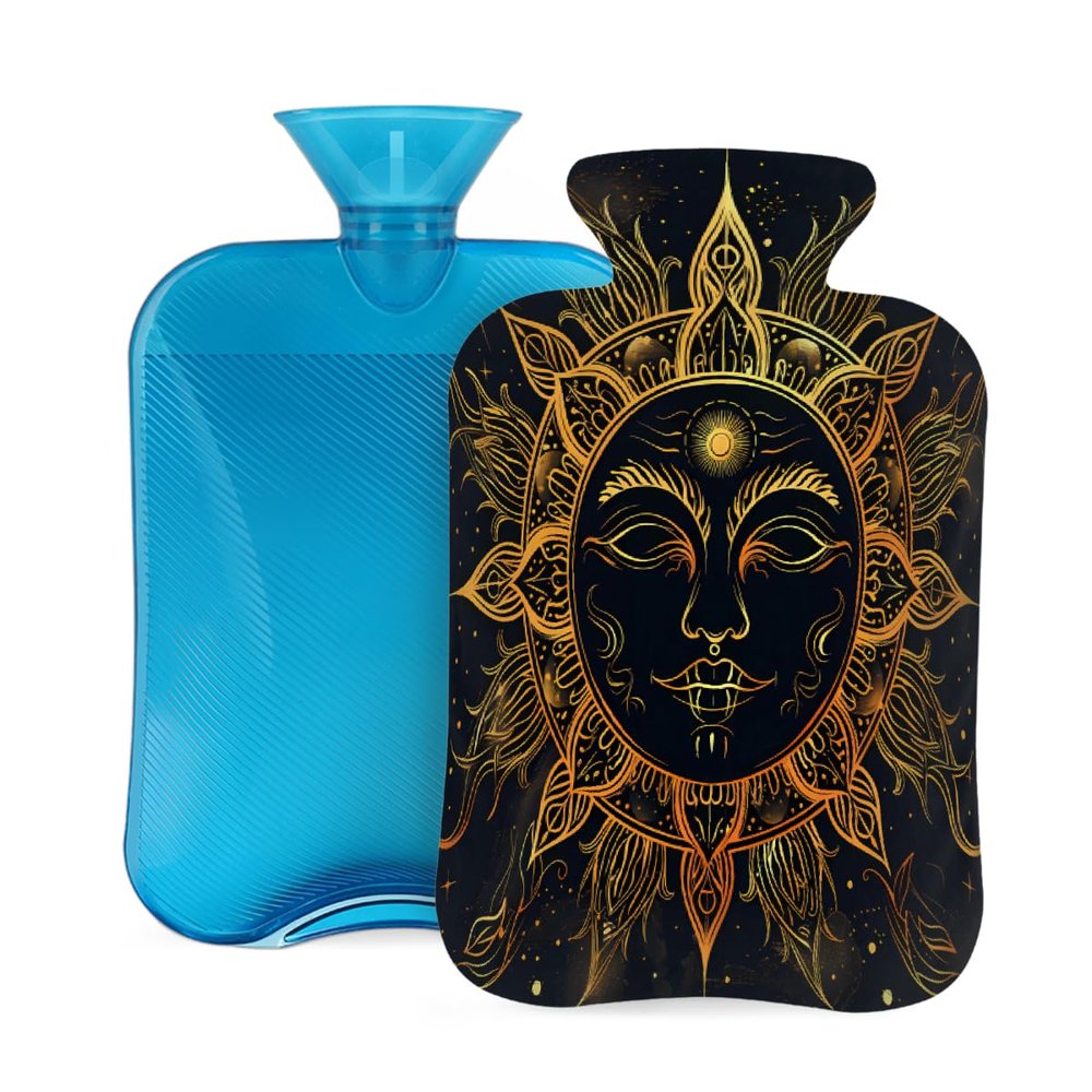 Golden Mandala Sun Face Hot Water Bottle with Cover, 2L PVC Hot Water Bag for Pain Relief, Hand Foot Warmer, Hot & Cold Therapy with Removable Cover, Gift for Women Kids Family