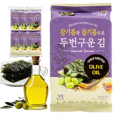 Kims Table Roasted Seaweed Snack Korean Seasoned Seaweed Sheets, Light & Crispy, Healthy Low Calorie Gluten Free Vegan Snack, 6 Convenient Packs (0.14oz Each) (Olive Oil)