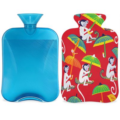 Vintage Monkey Hot Water Bottle with Soft Cover, Chinoiserie Umbrella Animal 2L Hot Water Bag for Pain Relief Menstrual Cramps Hand Feet Warmer Neck and Shoulder Hot and Cold Therapy