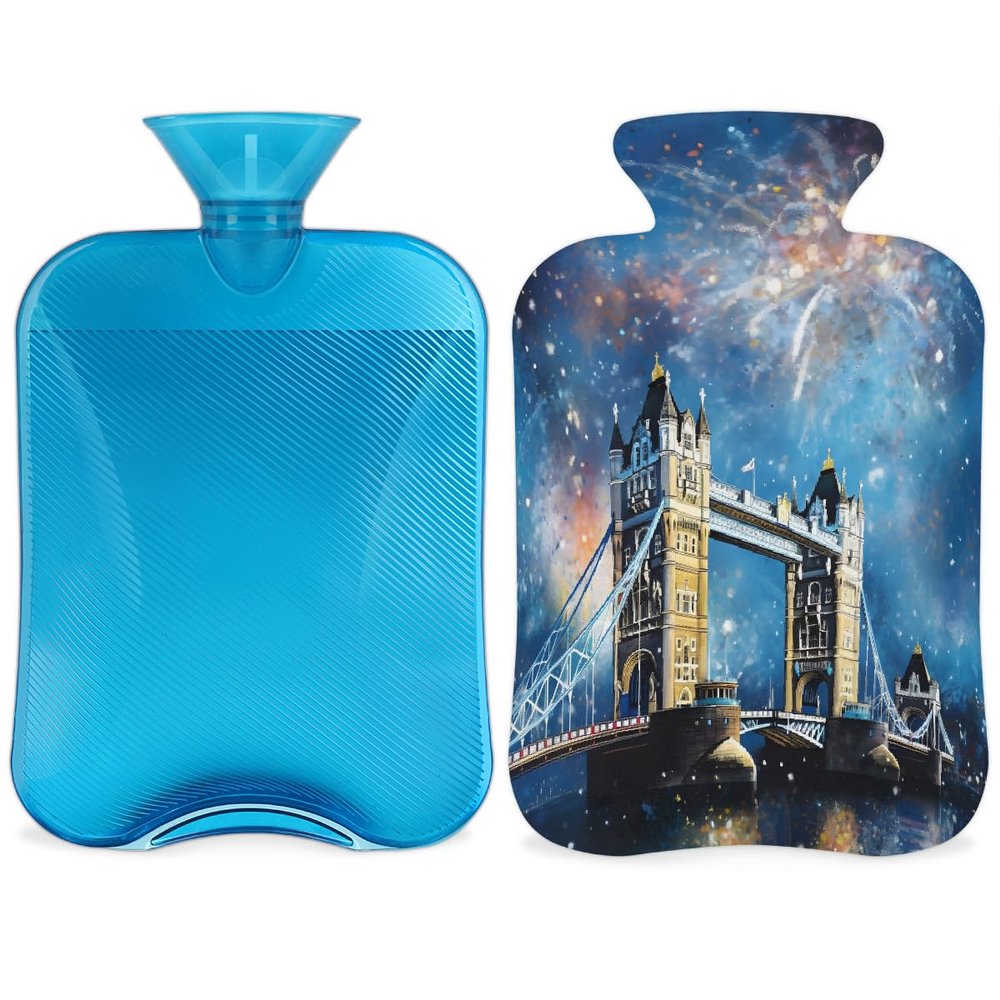 London Fireworks Landscape Hot Water Bottle with Soft Cover, 2L Hot Water Bag for Pain Relief Menstrual Cramps Hand Feet Warmer Neck and Shoulder Hot and Cold Therapy