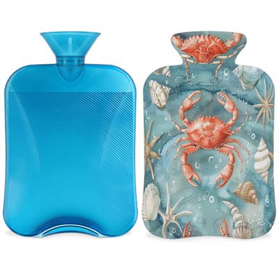 Ocean Shells Starfish Hot Water Bottle with Soft Cover, Ocean Crab Animal 2L Hot Water Bag for Pain Relief Menstrual Cramps Hand Feet Warmer Neck and Shoulder Hot and Cold Therapy