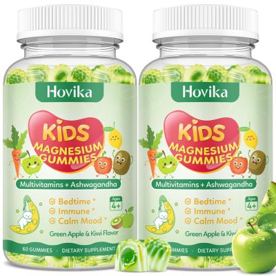 2 Pack Center-Filled Magnesium Glycinate Gummies for Kids - Magnesium Supplement Gummes with L-Theanine, Chamomile & Multivitamins for Sleep, Calm & Focus, Melatonin-Free - Green Apple & Kiwi, 60 CT