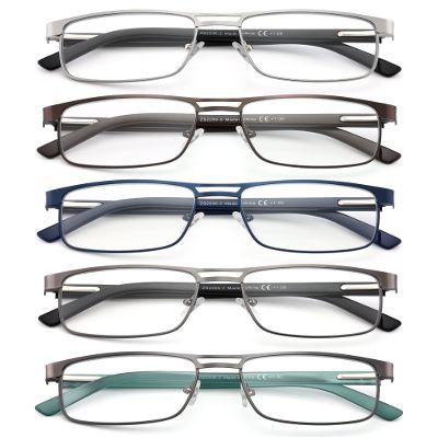 FEIVSN Metal Reading Glasses For Men, Blue Light Blocking Computer Readers Full Rim Rectangle Eyeglasses Spring Hinge, 5 Pack: Black/Brown/Blue/Green/Silver, +2.75