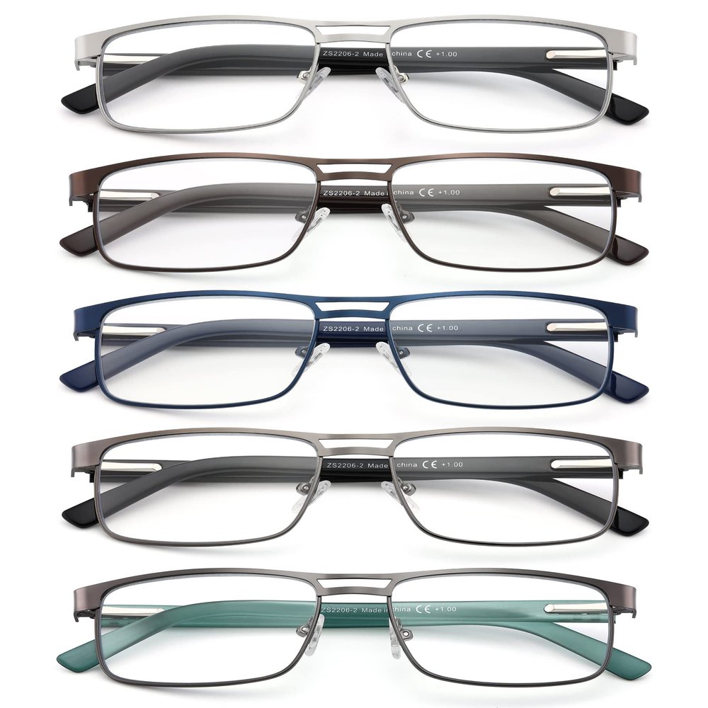 FEIVSN Metal Reading Glasses For Men, Blue Light Blocking Computer Readers Full Rim Rectangle Eyeglasses Spring Hinge, 5 Pack: Black/Brown/Blue/Green/Silver, +2.75