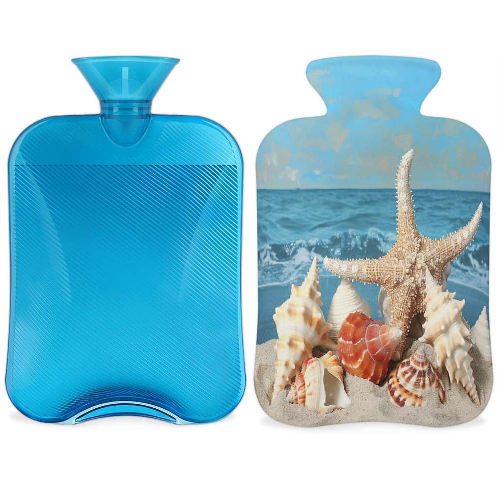 Summer Beach Sea Shells Hot Water Bottle with Soft Cover, Ocean Starfish 2L Hot Water Bag for Pain Relief Menstrual Cramps Hand Feet Warmer Neck and Shoulder Hot and Cold Therapy
