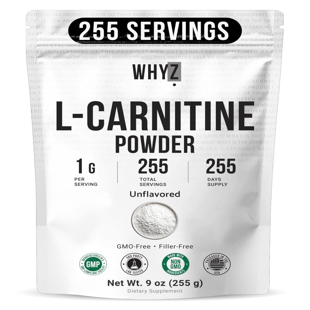 L-Carnitine Powder Unflavored Carnitine Supplement Amino Acid Powder for Nutrition and Active Lifestyle Non-GMO, Zero-Additives & Gluten Free, 255g (9 oz)