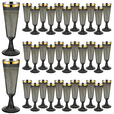 100 Pack Plastic Champagne Flutes Black, Disposable Plastic Champagne Glasses with Gold Rim, Wine Glasses Cups for Wedding Celebration Birthday Party Wine Tasting New Years Eve Party Supplies