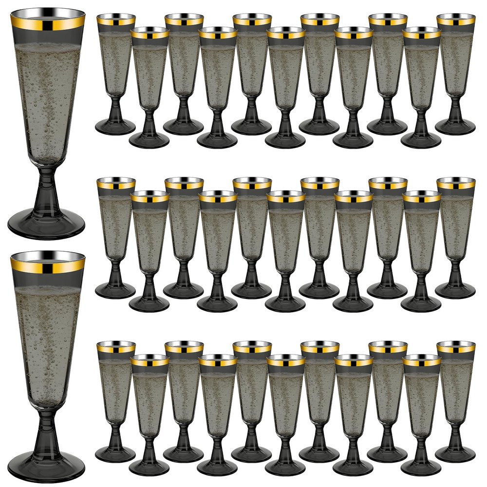 100 Pack Plastic Champagne Flutes Black, Disposable Plastic Champagne Glasses with Gold Rim, Wine Glasses Cups for Wedding Celebration Birthday Party Wine Tasting New Years Eve Party Supplies