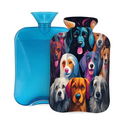 Cute Dogs Animal Painting Hot Water Bottle with Cover, 2L PVC Hot Water Bag for Pain Relief, Hand Foot Warmer, Hot & Cold Therapy with Removable Cover, Gift for Women Kids Family
