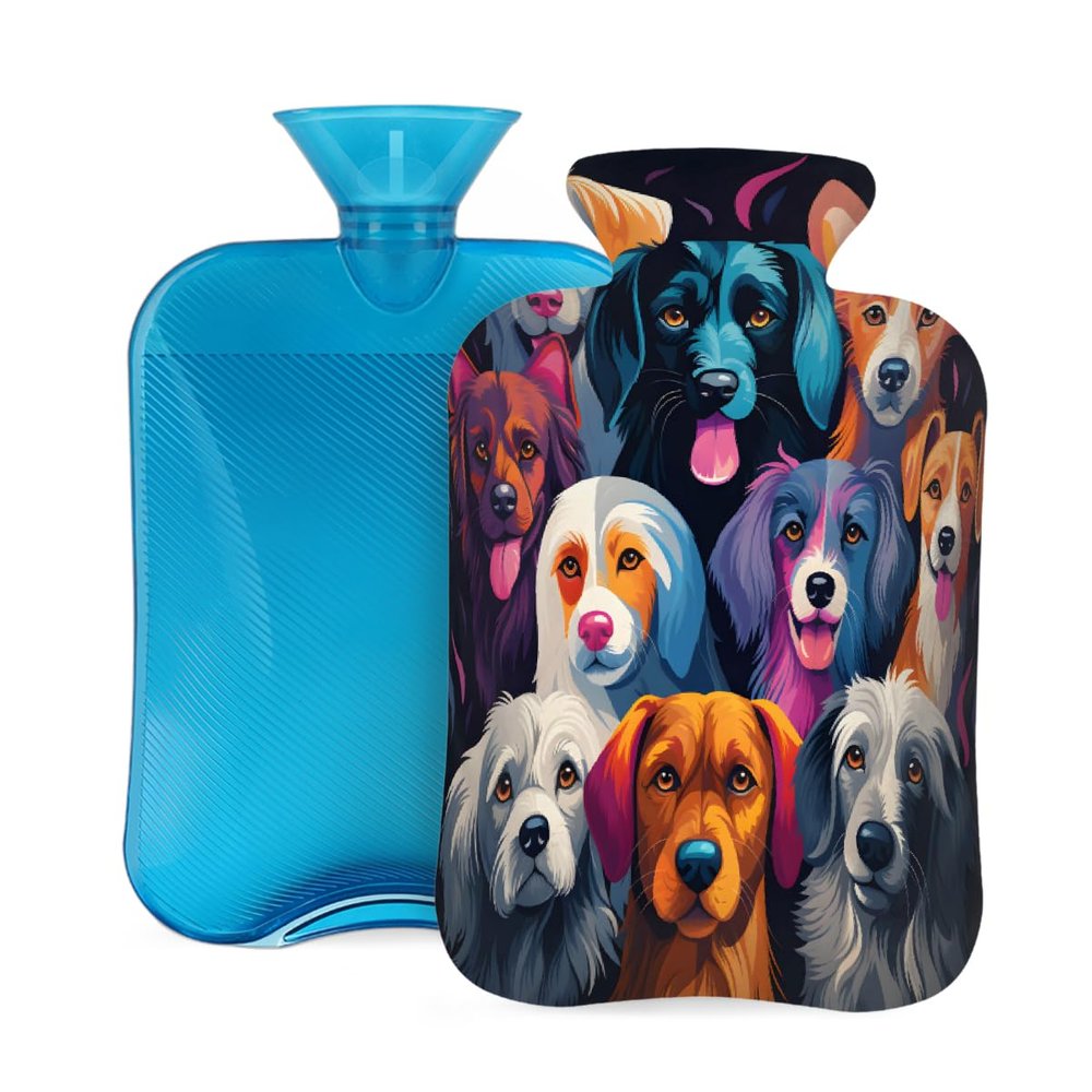 Cute Dogs Animal Painting Hot Water Bottle with Cover, 2L PVC Hot Water Bag for Pain Relief, Hand Foot Warmer, Hot & Cold Therapy with Removable Cover, Gift for Women Kids Family