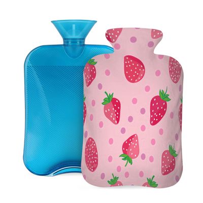 Strawberry Fruit Polka Dot Hot Water Bottle with Cover, 2L PVC Hot Water Bag for Pain Relief, Hand Foot Warmer, Hot & Cold Therapy with Removable Cover, Gift for Women Kids Family