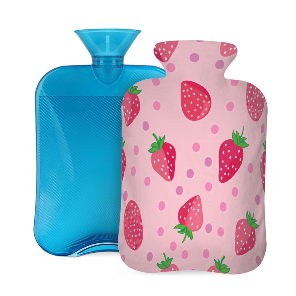 Strawberry Fruit Polka Dot Hot Water Bottle with Cover, 2L PVC Hot Water Bag for Pain Relief, Hand Foot Warmer, Hot & Cold Therapy with Removable Cover, Gift for Women Kids Family