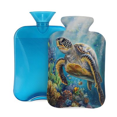 Vintage Sea Turtle Fish Hot Water Bottle with Cover, 2L PVC Hot Water Bag for Pain Relief, Hand Foot Warmer, Hot & Cold Therapy with Removable Cover, Gift for Women Kids Family