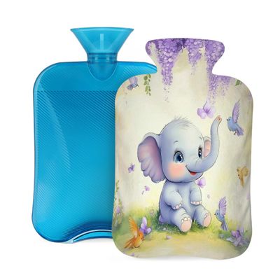 Lovely Elephant Birds Lavender Hot Water Bottle with Cover, 2L PVC Hot Water Bag for Pain Relief, Hand Foot Warmer, Hot & Cold Therapy with Removable Cover, Gift for Women Kids Family