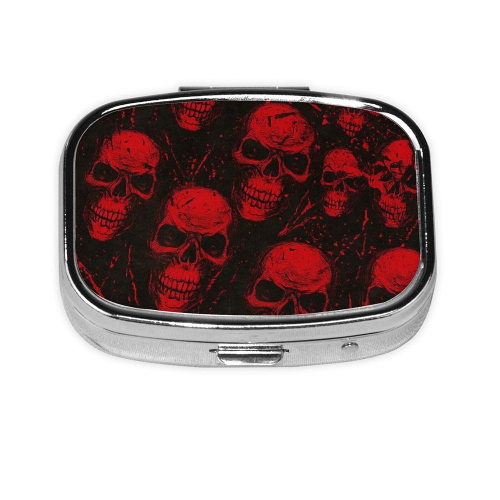 Red Graffiti Skull Pill Box Portable Square for Pocket Purse with 2 Compartments