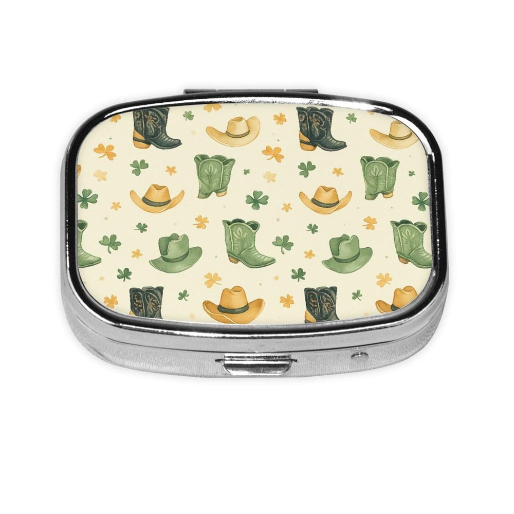Cowboy Hat and Boots, Clover Pill Box Portable Square for Pocket Purse with 2 Compartments