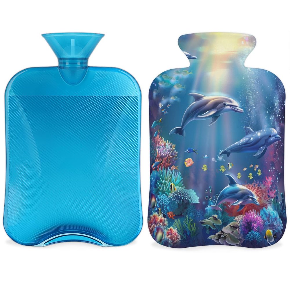 Ocean Dolphin Hot Water Bottle with Soft Cover, Sea Coral Fish 2L Hot Water Bag for Pain Relief Menstrual Cramps Hand Feet Warmer Neck and Shoulder Hot and Cold Therapy