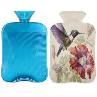 Retro Flower Hummingbird Floral Hot Water Bottle with Soft Cover, 2L Hot Water Bag for Pain Relief Menstrual Cramps Hand Feet Warmer Neck and Shoulder Hot and Cold Therapy