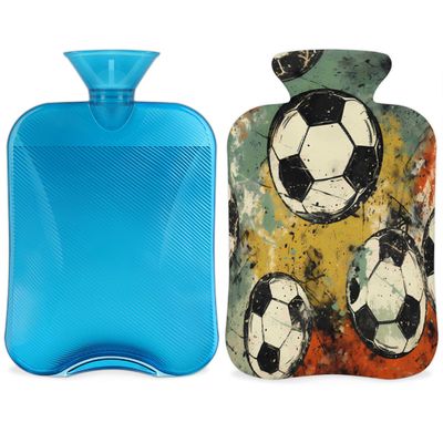Watercolor Soccer Hot Water Bottle with Soft Cover, Retro Sport Football 2L Hot Water Bag for Pain Relief Menstrual Cramps Hand Feet Warmer Neck and Shoulder Hot and Cold Therapy