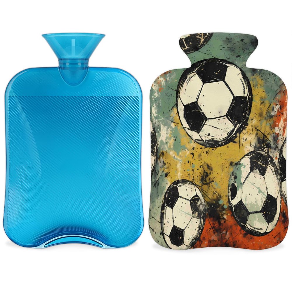 Watercolor Soccer Hot Water Bottle with Soft Cover, Retro Sport Football 2L Hot Water Bag for Pain Relief Menstrual Cramps Hand Feet Warmer Neck and Shoulder Hot and Cold Therapy