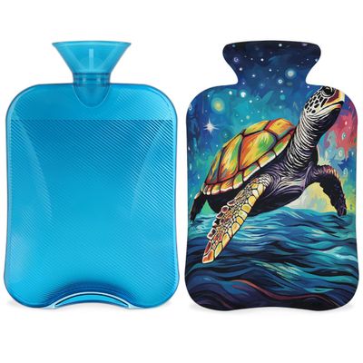 Ocean Turtle Hot Water Bottle with Soft Cover, Abstract Turtle 2L Hot Water Bag for Pain Relief Menstrual Cramps Hand Feet Warmer Neck and Shoulder Hot and Cold Therapy