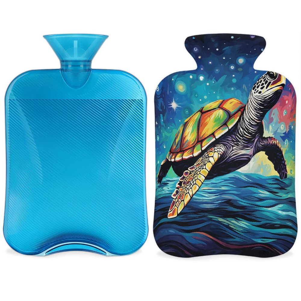 Ocean Turtle Hot Water Bottle with Soft Cover, Abstract Turtle 2L Hot Water Bag for Pain Relief Menstrual Cramps Hand Feet Warmer Neck and Shoulder Hot and Cold Therapy