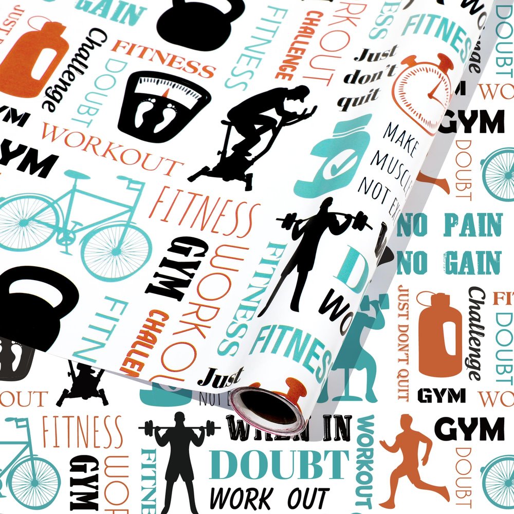 Pineraap Gym Motivational Wrapping Paper Roll, Fitness Gift Wrap Papers, Workout Bodybuilding Gift Packing Paper for Birthday Father's Day Party Decor Fitness Lover Trainer, 17Inch x 16.5Feet