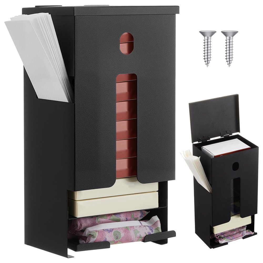 Otoolling Sanitary Napkin & Tampon Dispenser - Wall Mounted All-in-one with Waste Bag Compartment for Bathroom Provides Clean Odor-Free Restroom for Home Office Public Restrooms, Metal, Free Vending